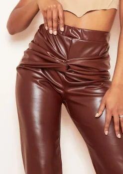 Tina Chocolate PU Knot Front Straight Leg Trousers