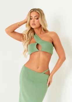 Trista Green Knit Asymmetric One Shoulder Cut Out Top