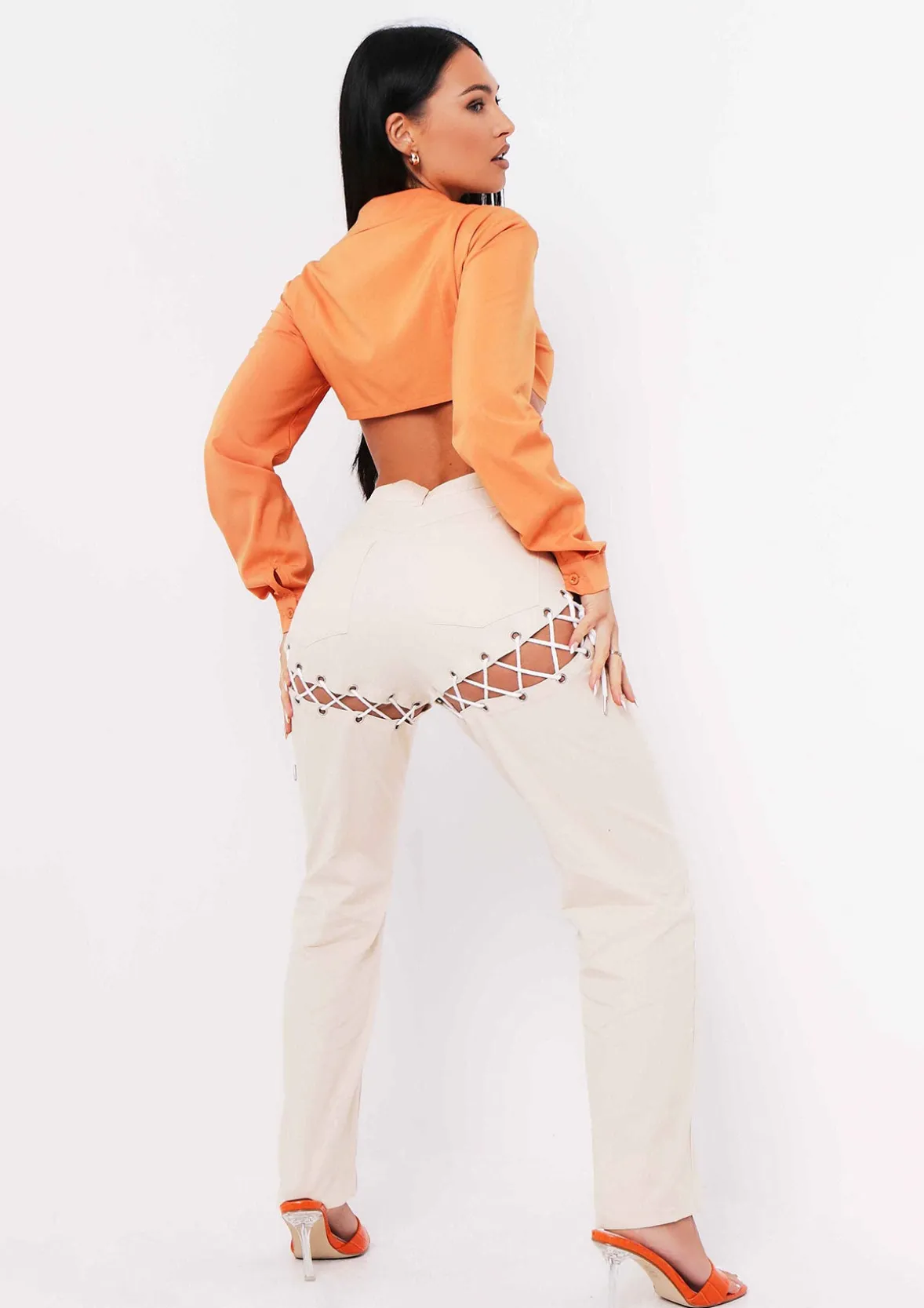 Vanessa Burnt Orange Tie Up Plunge Cropped Shirt