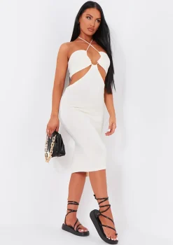 Verity Cream Knitted Cut Out Halter Neck Dress