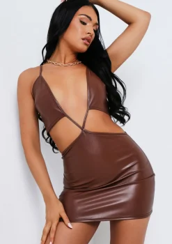 Yasmine Chocolate PU Cut Out Cross Mini Dress
