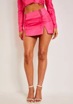 Yazmin Pink Lace Up Detail Mini Skirt