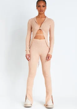 Yuna Beige Ribbed Knitted Side Split Trouser