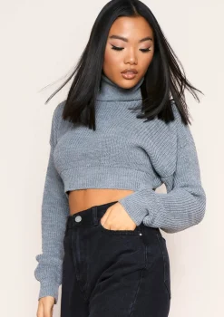 Zaralena Grey Knitted Roll Neck Cropped Jumper