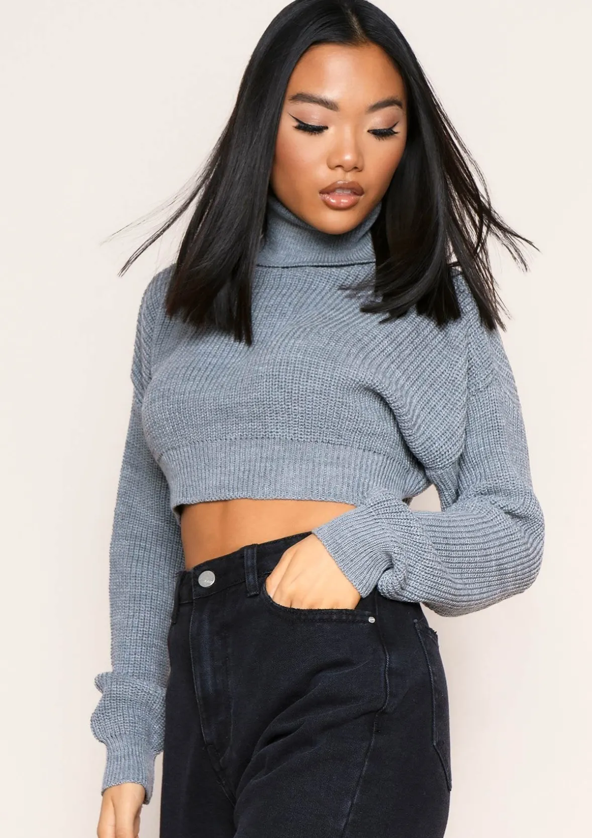 Zaralena Grey Knitted Roll Neck Cropped Jumper