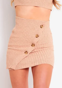 Zia Beige Rib Knit Button Up Mini Skirt