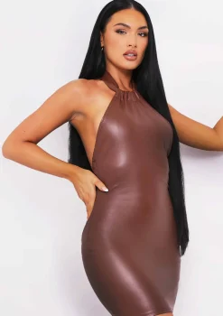 Zia Chocolate PU Halterneck Dress