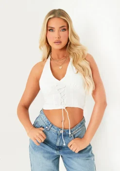 Zoey White Lace Up Detail Halter Top