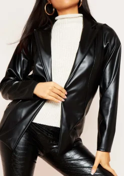 Zoya Black Faux Leather Fitted Blazer